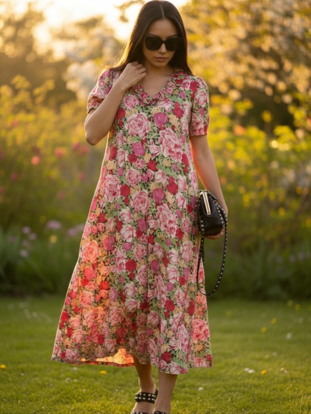 Vintage Floral Hand Made Dress with Ruffles Neck Line And Front Bow Openning